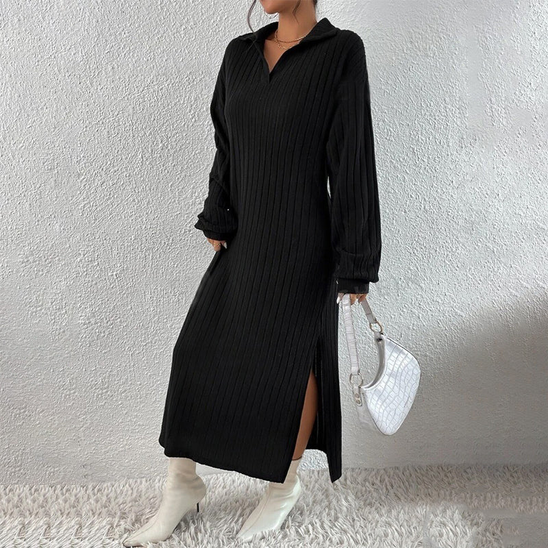 💖Soldes ! Prix cassés💖Robe longue pour femme en maille côtelée avec col et fente