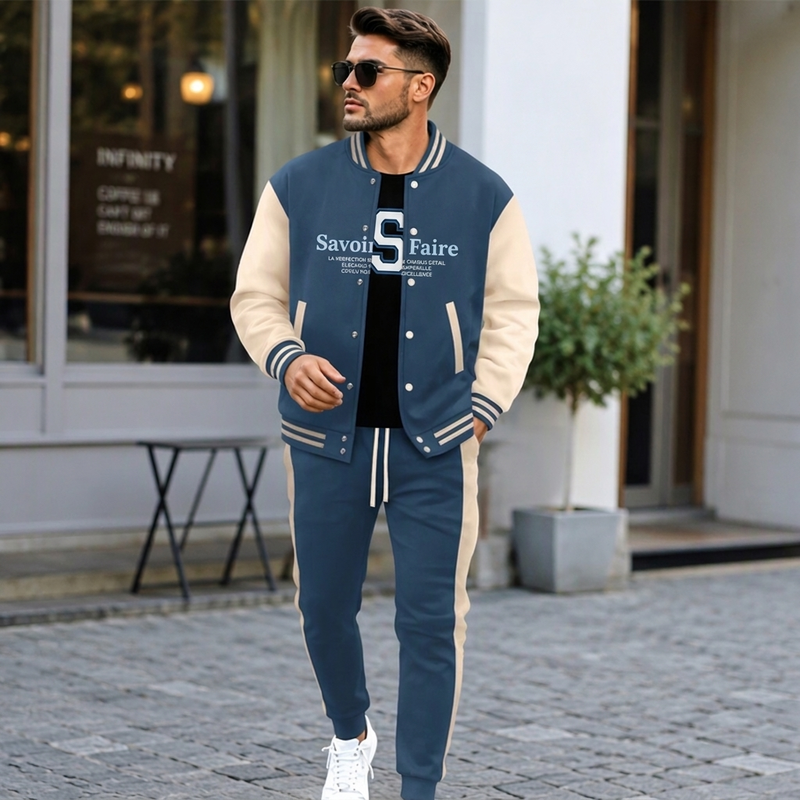 💖Soldes ! Prix cassés💖Ensemble veste de baseball et pantalon color-block pour homme