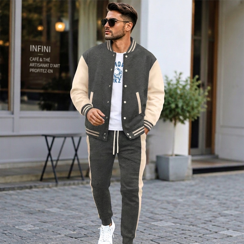 💖Soldes ! Prix cassés💖Ensemble veste de baseball et pantalon color-block pour homme