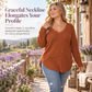 T-shirt col V à manches longues en maille côtelée brossée pour femme grande taille, coupe ample, pull unicolore