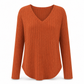 T-shirt col V à manches longues en maille côtelée brossée pour femme grande taille, coupe ample, pull unicolore