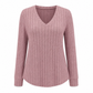 T-shirt col V à manches longues en maille côtelée brossée pour femme grande taille, coupe ample, pull unicolore