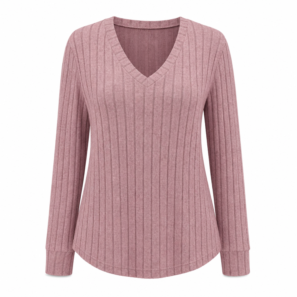 T-shirt col V à manches longues en maille côtelée brossée pour femme grande taille, coupe ample, pull unicolore