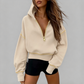 Sweat-shirt court à capuche et fermeture éclair pour femme, avec bordures contrastées, manches longues, coupe ample, couleur unie, style décontracté, idéal pour l'automne et l'hiver