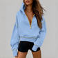 Sweat-shirt court à capuche et fermeture éclair pour femme, avec bordures contrastées, manches longues, coupe ample, couleur unie, style décontracté, idéal pour l'automne et l'hiver