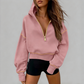 Sweat-shirt court à capuche et fermeture éclair pour femme, avec bordures contrastées, manches longues, coupe ample, couleur unie, style décontracté, idéal pour l'automne et l'hiver