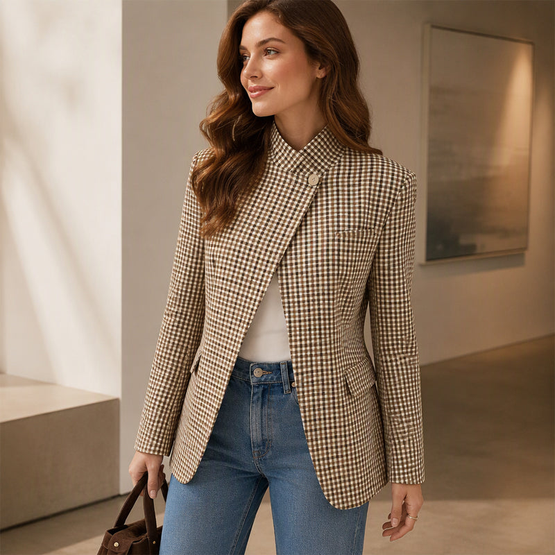 💖Soldes ! Prix cassés💖Veste femme chic à petit carreaux marron