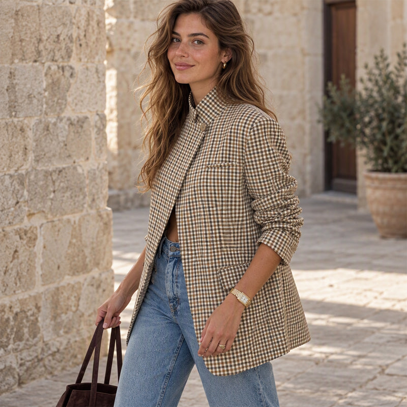 💖Soldes ! Prix cassés💖Veste femme chic à petit carreaux marron
