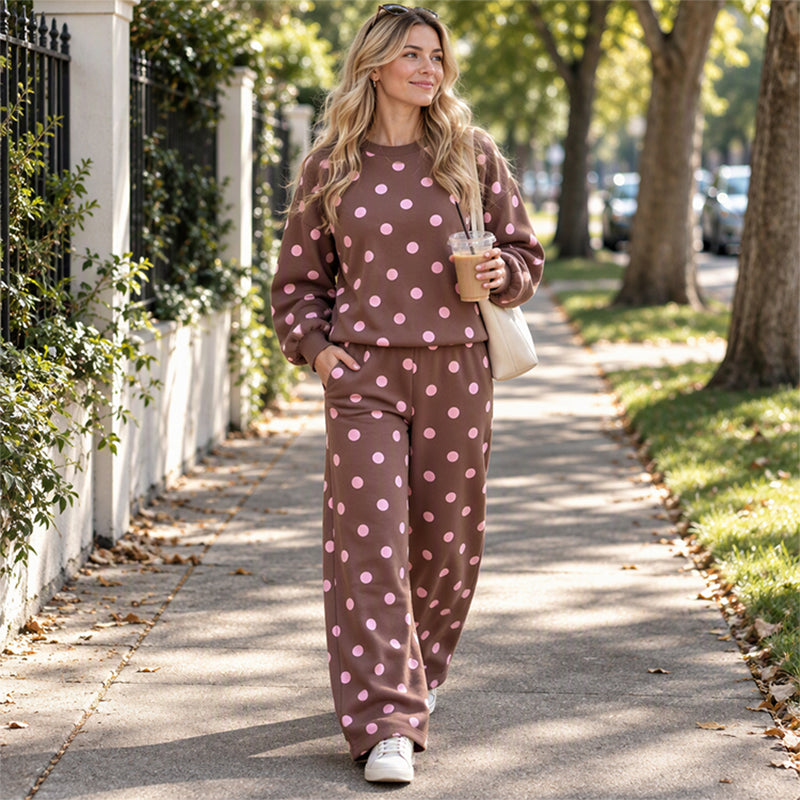 💖Soldes ! Prix cassés💖Ensemble Femme Top à Pois et Pantalon à Jambes Larges