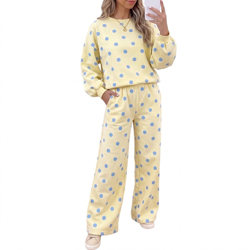 💖Soldes ! Prix cassés💖Ensemble Femme Top à Pois et Pantalon à Jambes Larges