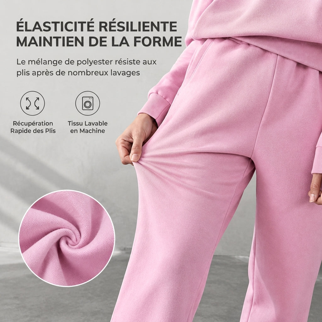Ensemble pantalon deux pièces décontracté, couleur unie, haut à col rabattu zippé et pantalon long tenue pour l'automne et l'hiver