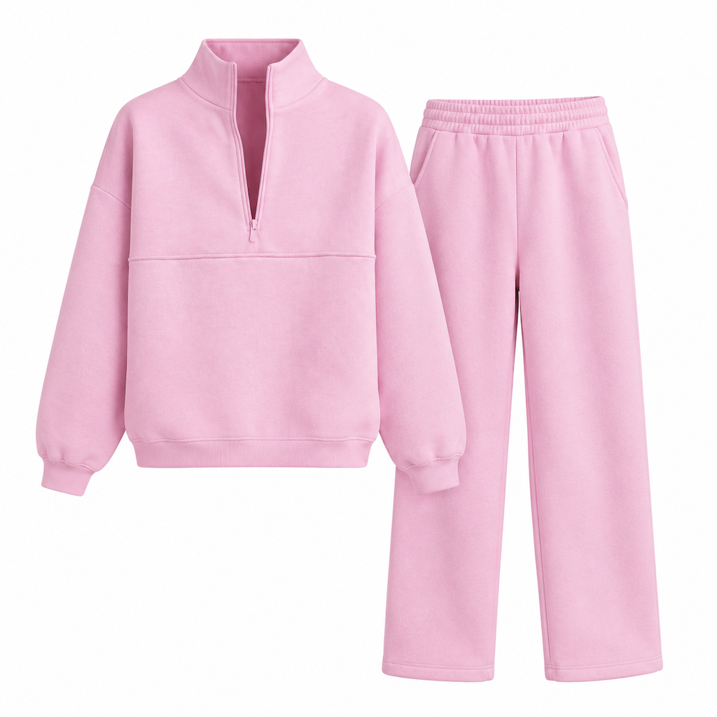 Ensemble pantalon deux pièces décontracté, couleur unie, haut à col rabattu zippé et pantalon long tenue pour l'automne et l'hiver