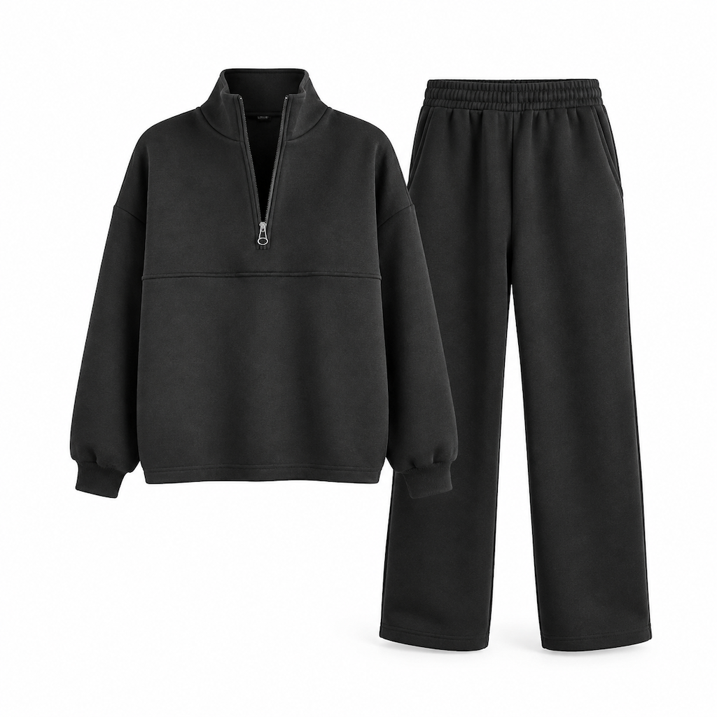 Ensemble pantalon deux pièces décontracté, couleur unie, haut à col rabattu zippé et pantalon long tenue pour l'automne et l'hiver