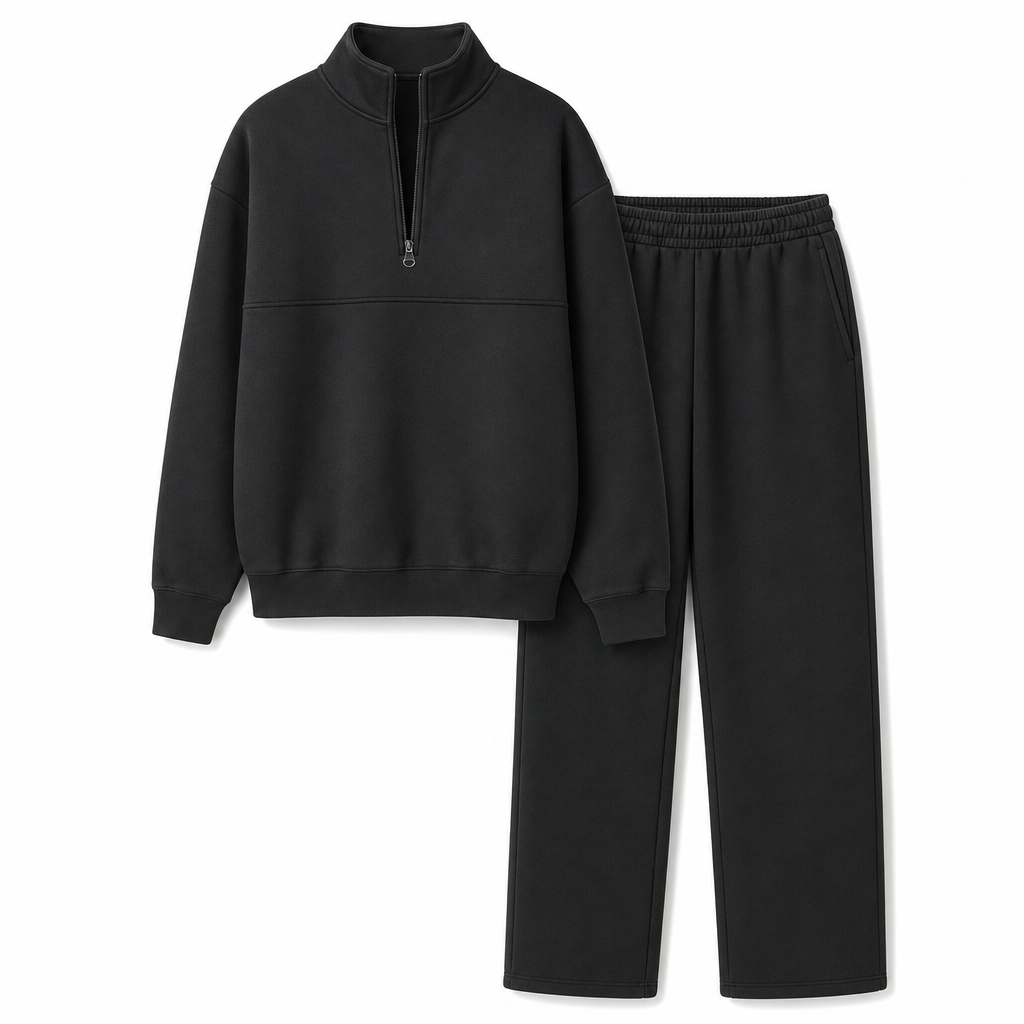 Ensemble pantalon deux pièces décontracté, couleur unie, haut à col rabattu zippé et pantalon long tenue pour l'automne et l'hiver