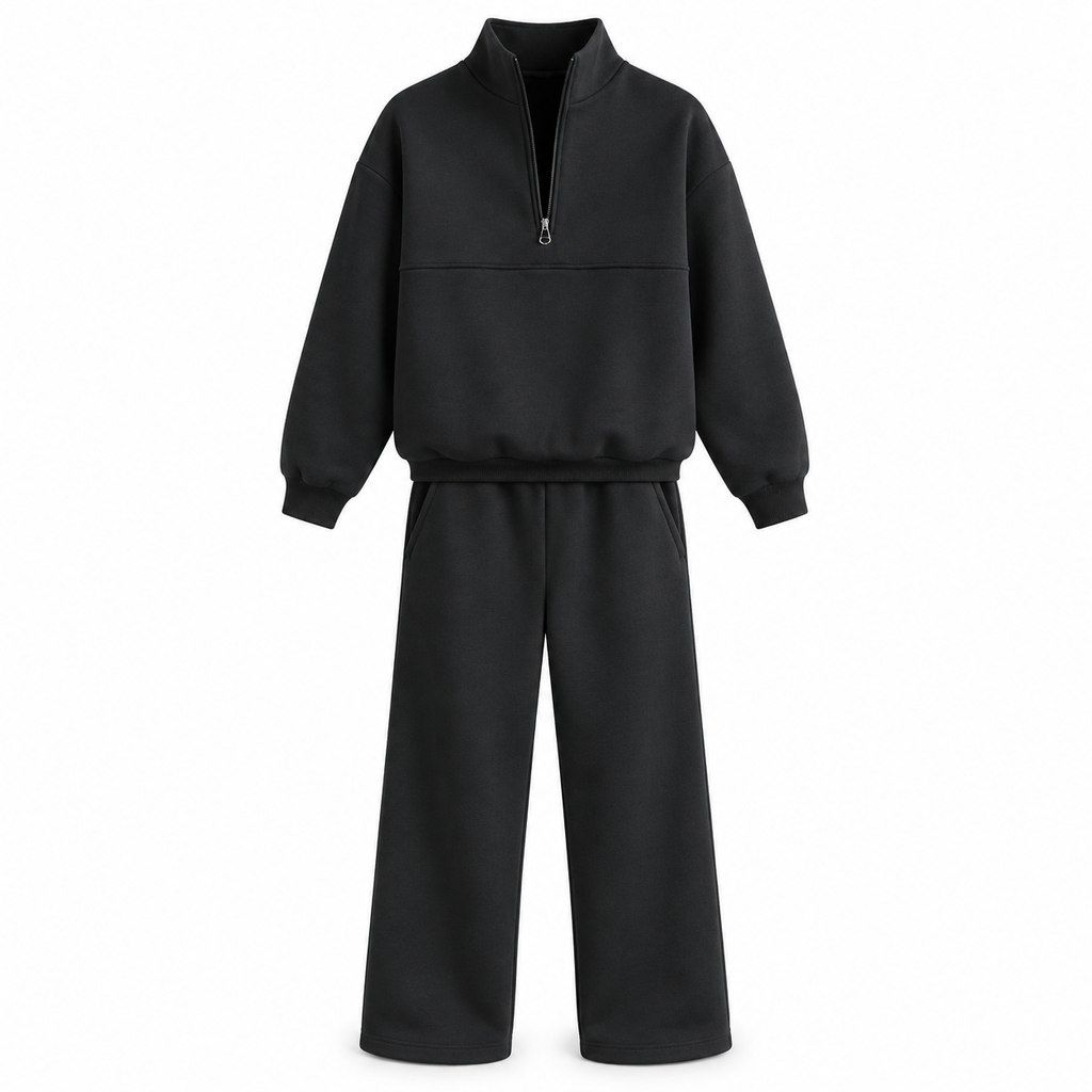 Ensemble pantalon deux pièces décontracté, couleur unie, haut à col rabattu zippé et pantalon long tenue pour l'automne et l'hiver