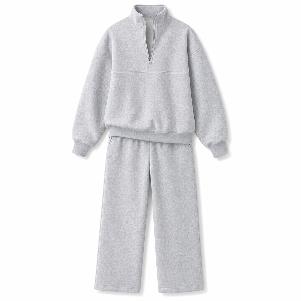 Ensemble pantalon deux pièces décontracté, couleur unie, haut à col rabattu zippé et pantalon long tenue pour l'automne et l'hiver