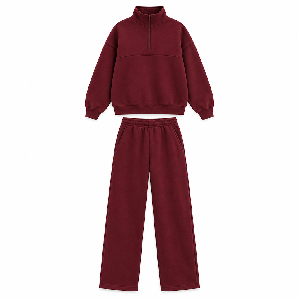 Ensemble pantalon deux pièces décontracté, couleur unie, haut à col rabattu zippé et pantalon long tenue pour l'automne et l'hiver
