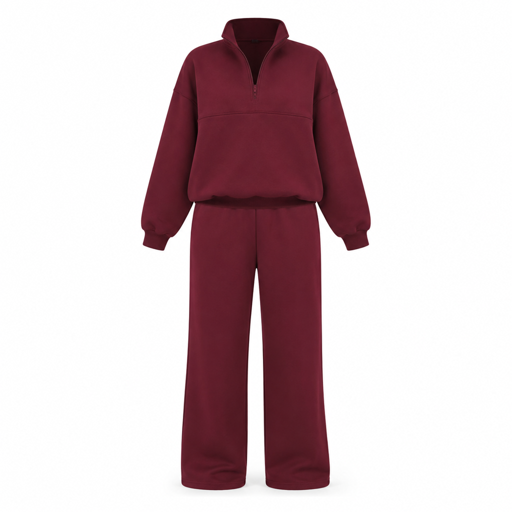 Ensemble pantalon deux pièces décontracté, couleur unie, haut à col rabattu zippé et pantalon long tenue pour l'automne et l'hiver