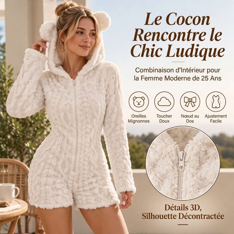 💖Soldes ! Prix cassés💖Barboteuse à capuche en peluche avec oreilles d'ours mignonnes pour femmes