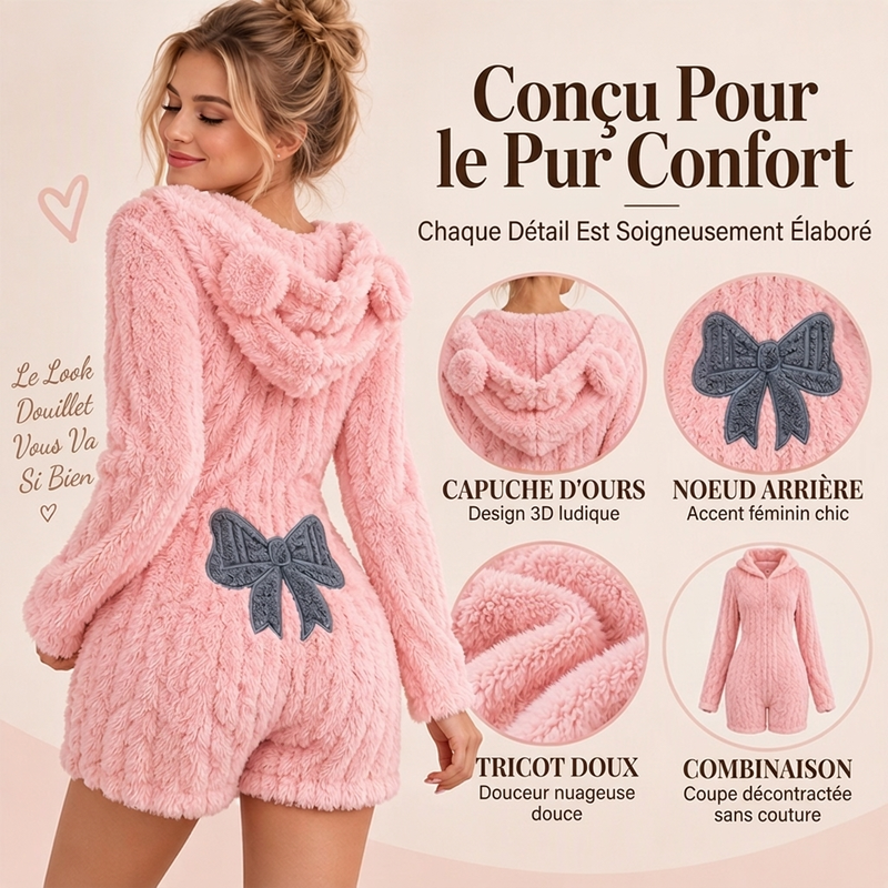 💖Soldes ! Prix cassés💖Barboteuse à capuche en peluche avec oreilles d'ours mignonnes pour femmes