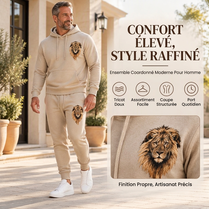 Ensemble pull à capuche et pantalon de survêtement à motif lion pour homme