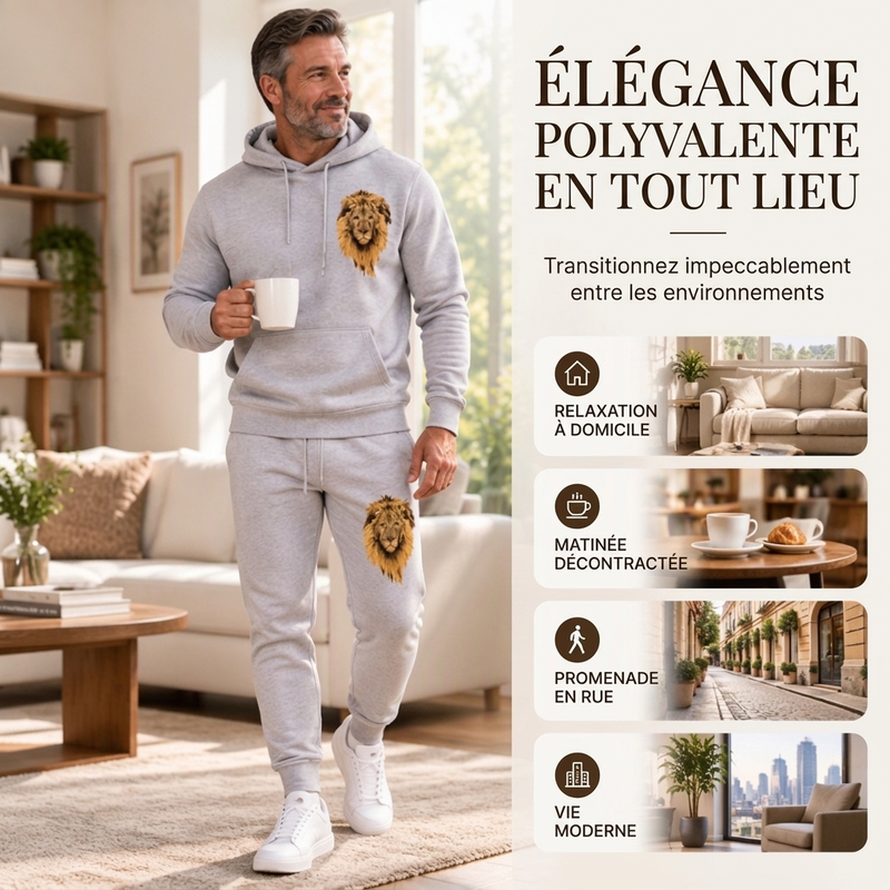 Ensemble pull à capuche et pantalon de survêtement à motif lion pour homme