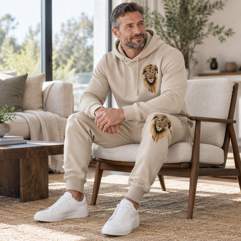 Ensemble pull à capuche et pantalon de survêtement à motif lion pour homme