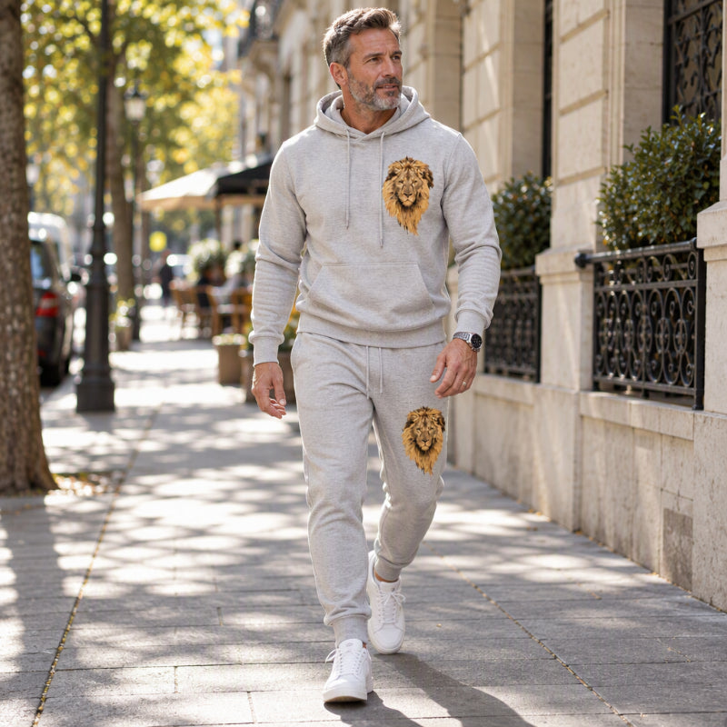 Ensemble pull à capuche et pantalon de survêtement à motif lion pour homme