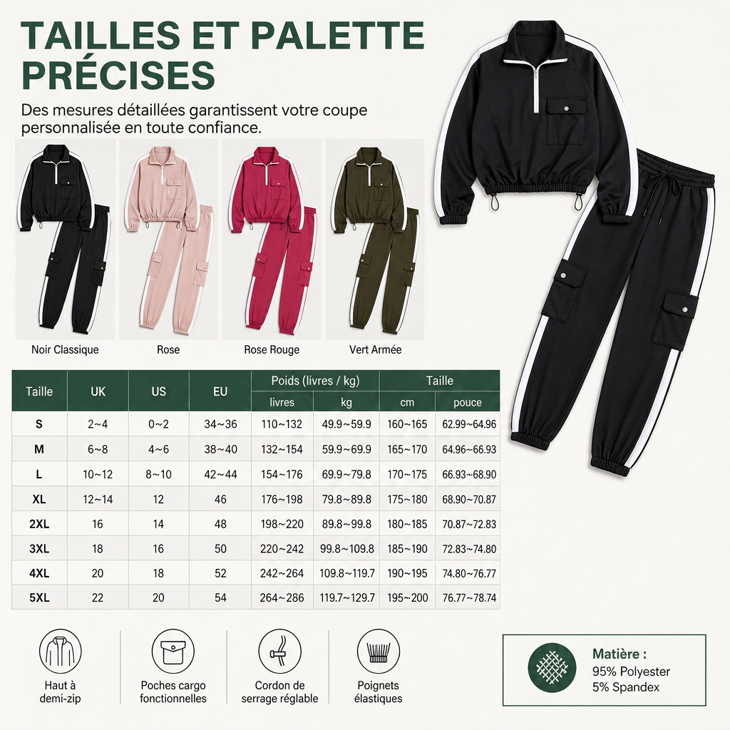 Ensemble décontracté 2 pièces pour femme : sweat à capuche zippé à manches longues et pantalon cargo jogger avec poches
