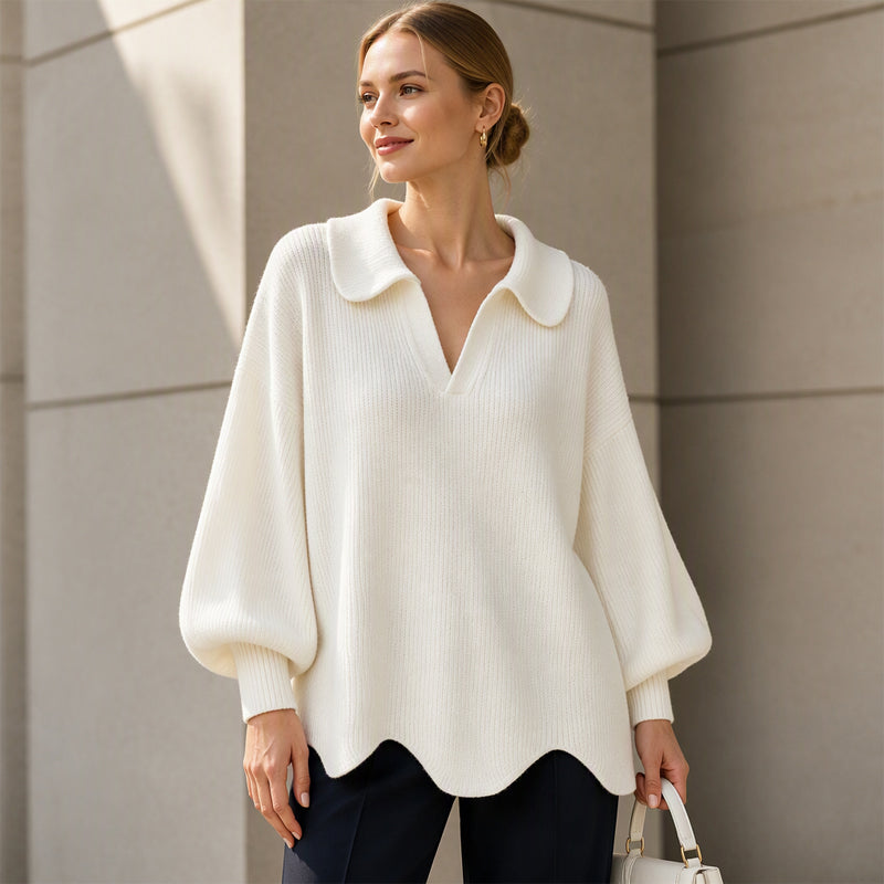 Pull élégant pour femmes avec col en V et manches lanterne