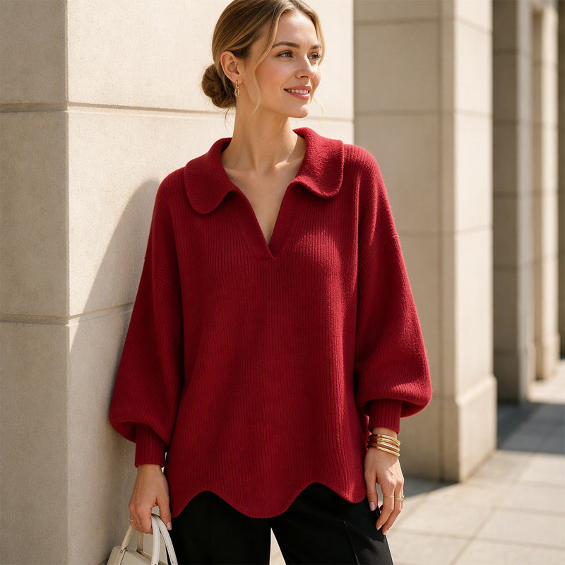 Pull élégant pour femmes avec col en V et manches lanterne