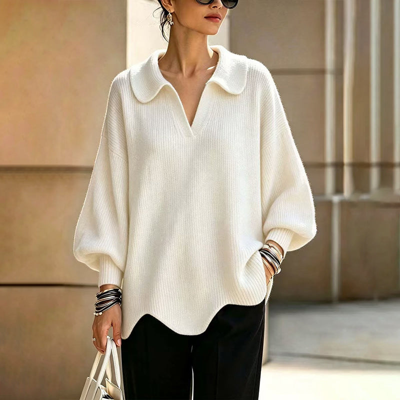 Pull élégant pour femmes avec col en V et manches lanterne