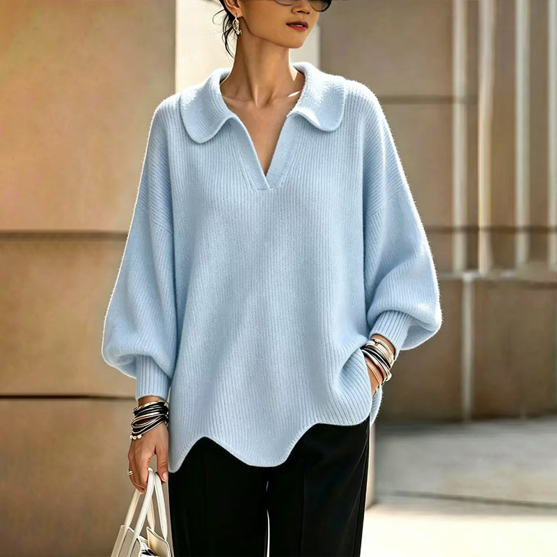 Pull élégant pour femmes avec col en V et manches lanterne