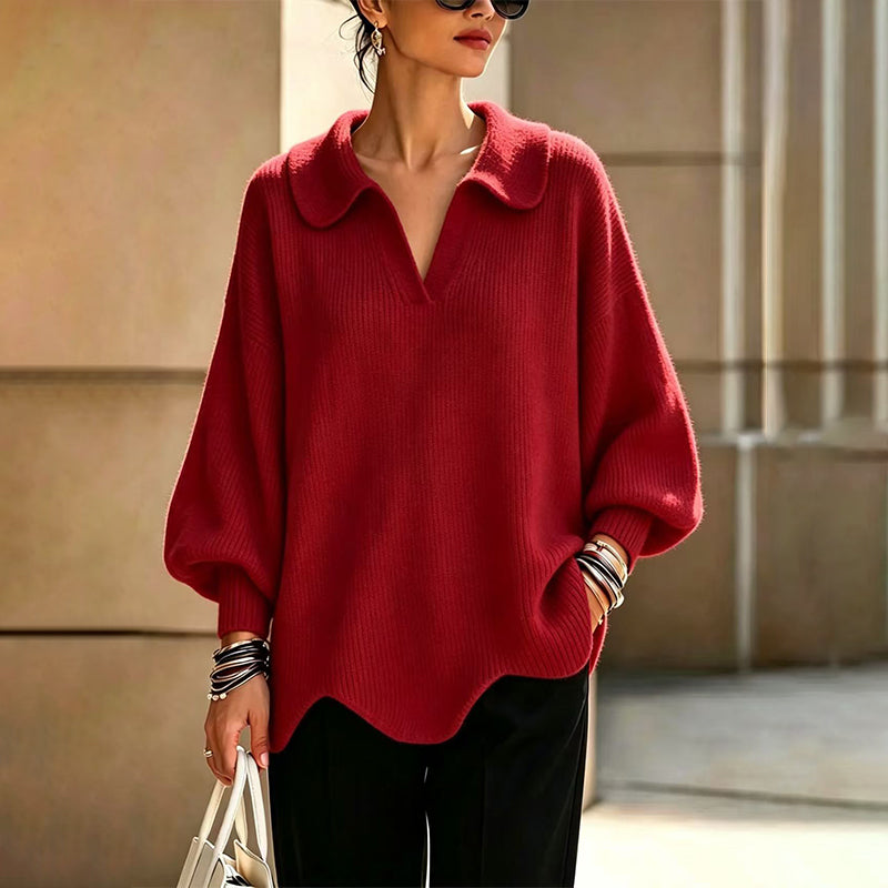 Pull élégant pour femmes avec col en V et manches lanterne