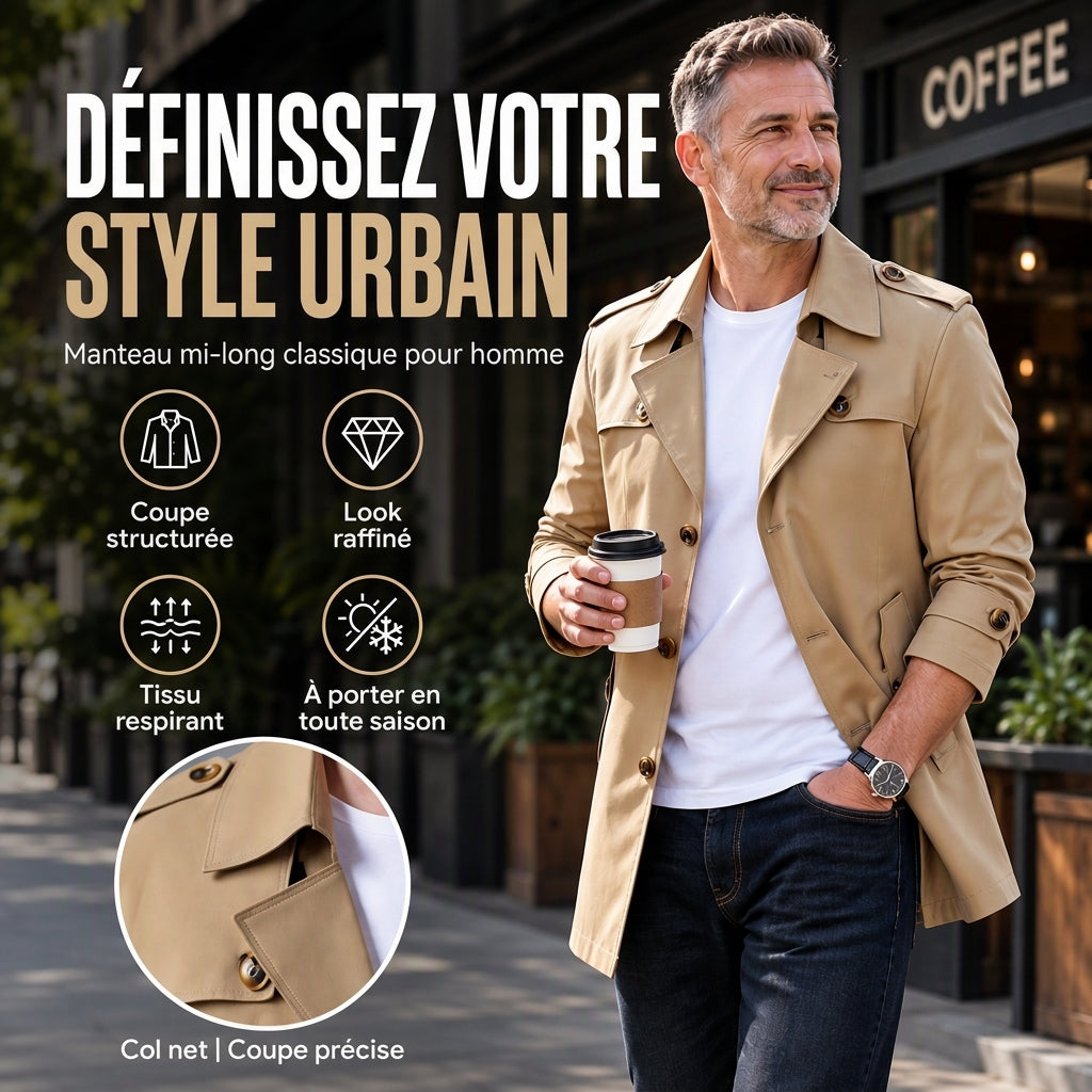 ⏳Liquidation totale⏳Trench-coat d'affaires mi-long pour homme