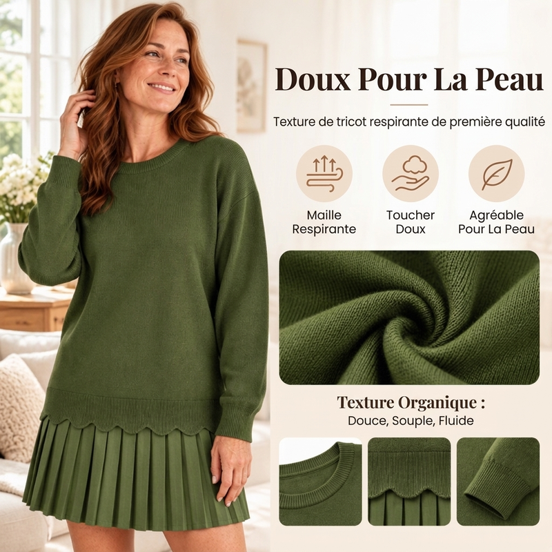 ⏳Liquidation totale⏳Ensemble pull à bord festonné et jupe plissée pour femme