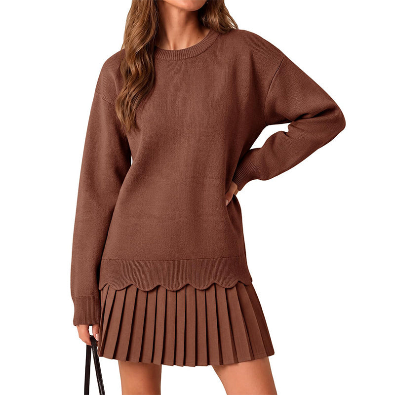 ⏳Liquidation totale⏳Ensemble pull à bord festonné et jupe plissée pour femme