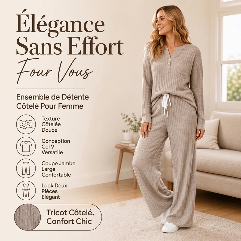 ⏳Liquidation totale⏳Ensemble haut côtelé Henley et pantalon à jambe large pour femme