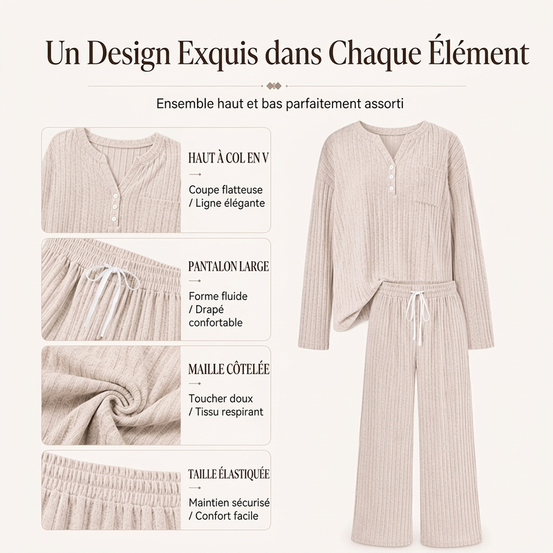 ⏳Liquidation totale⏳Ensemble haut côtelé Henley et pantalon à jambe large pour femme