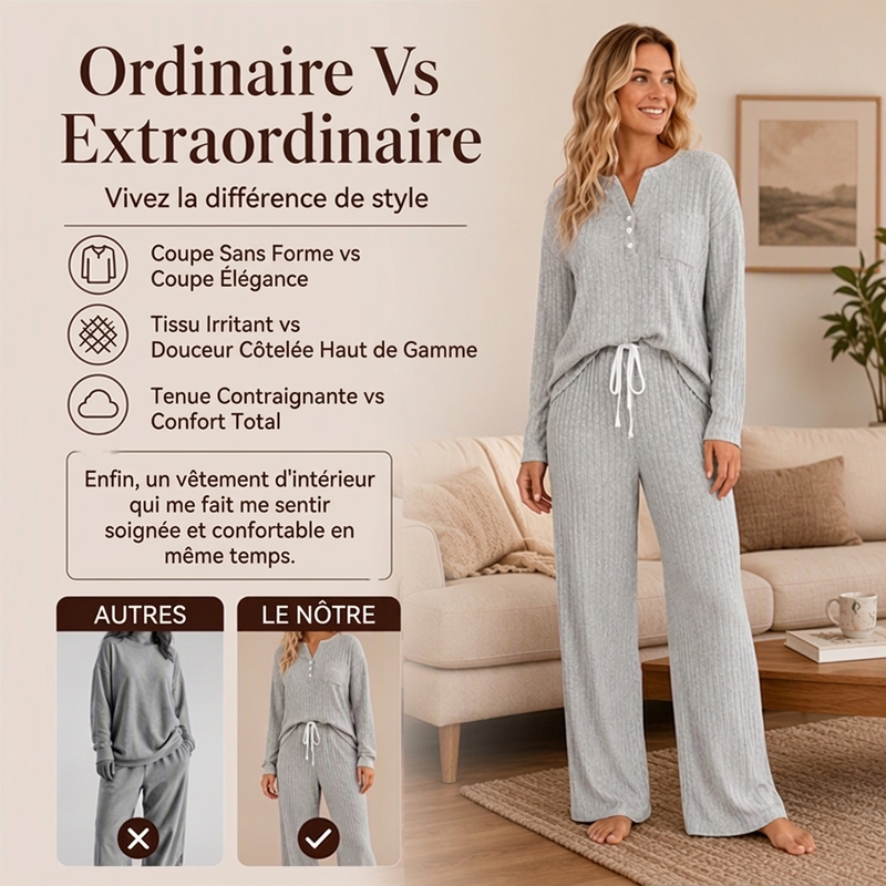 ⏳Liquidation totale⏳Ensemble haut côtelé Henley et pantalon à jambe large pour femme