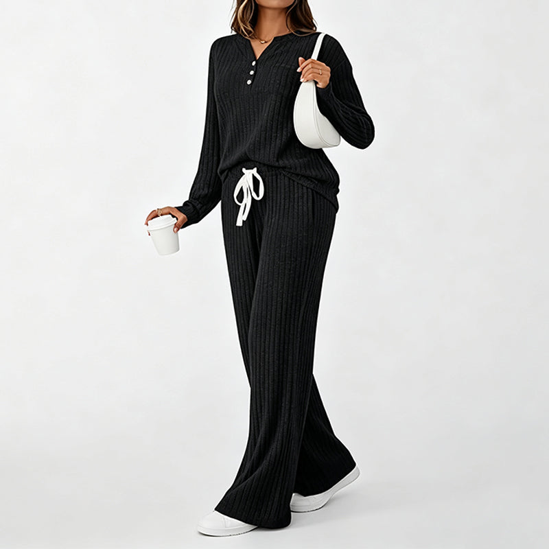 ⏳Liquidation totale⏳Ensemble haut côtelé Henley et pantalon à jambe large pour femme