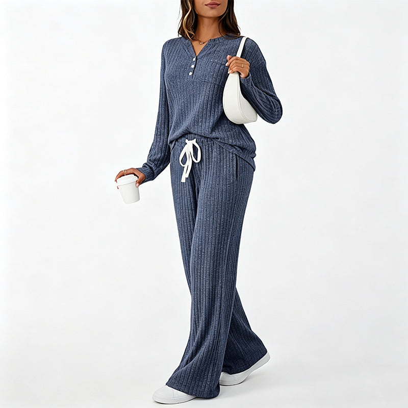 ⏳Liquidation totale⏳Ensemble haut côtelé Henley et pantalon à jambe large pour femme
