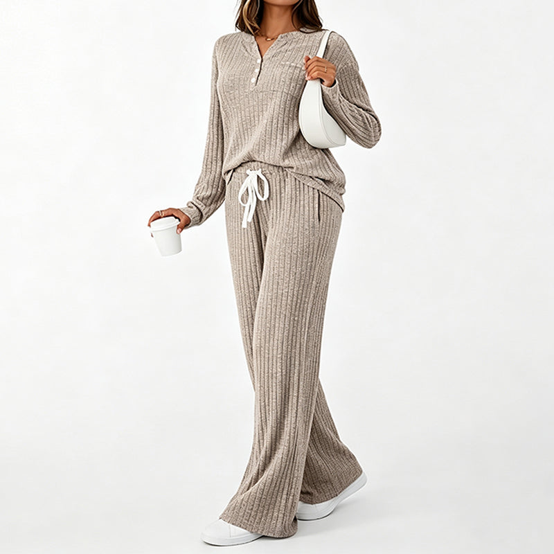 ⏳Liquidation totale⏳Ensemble haut côtelé Henley et pantalon à jambe large pour femme
