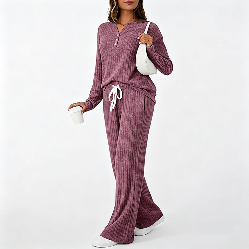 ⏳Liquidation totale⏳Ensemble haut côtelé Henley et pantalon à jambe large pour femme