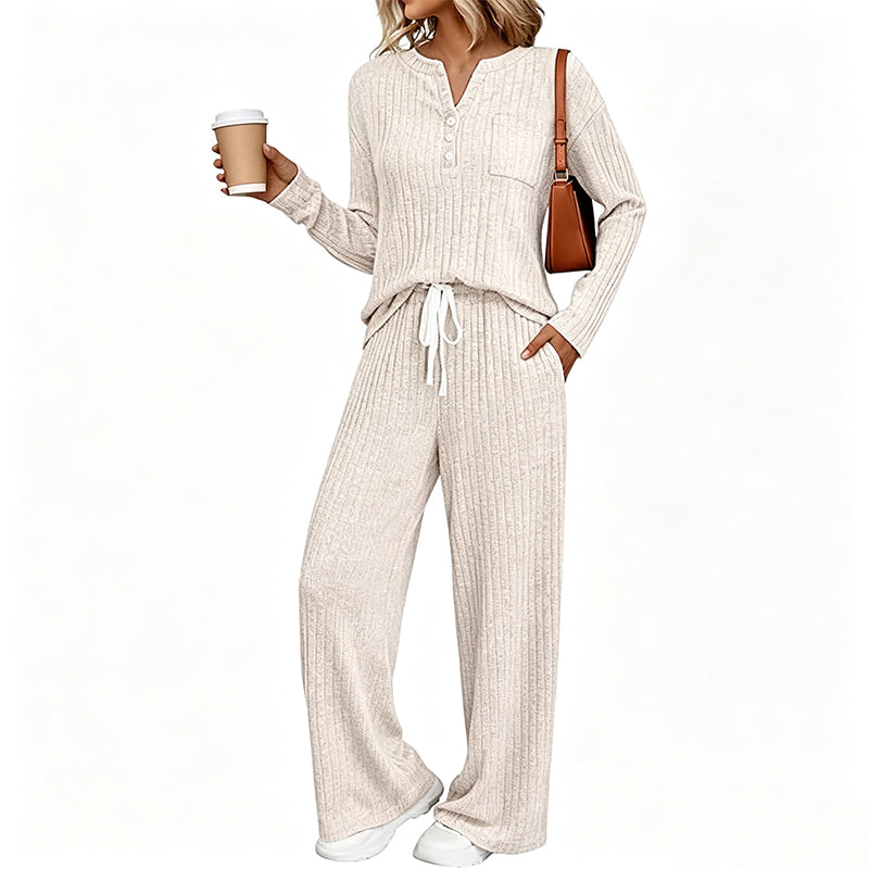 ⏳Liquidation totale⏳Ensemble haut côtelé Henley et pantalon à jambe large pour femme
