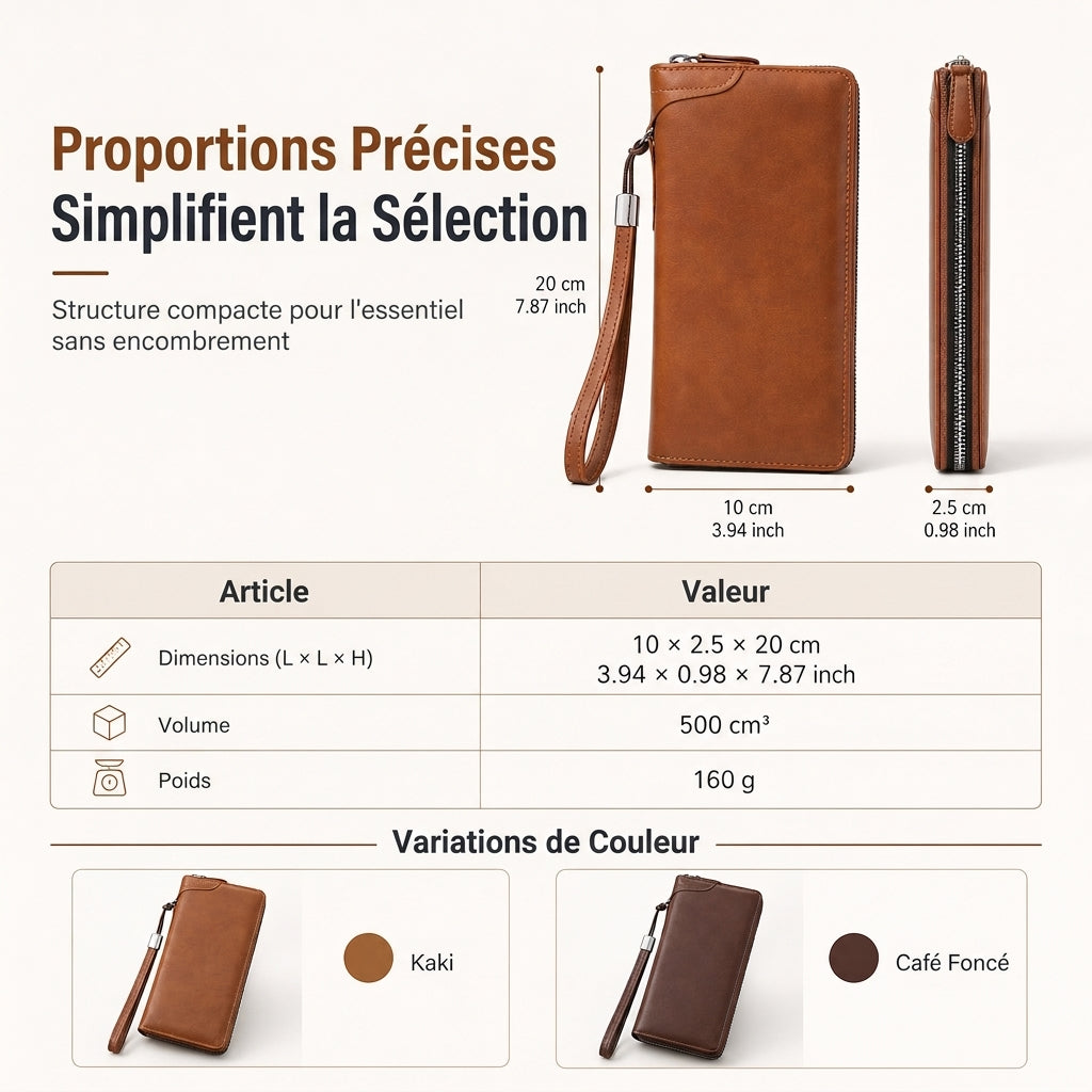 Portefeuille long à fermeture éclair pour homme, grande capacité, étui pour cartes multifonctionnel, pochette