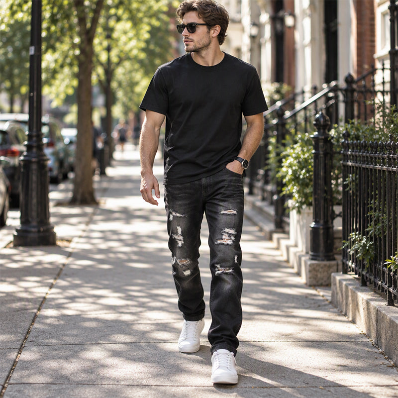 Jeans en denim slim fit déchiré et vieilli pour homme