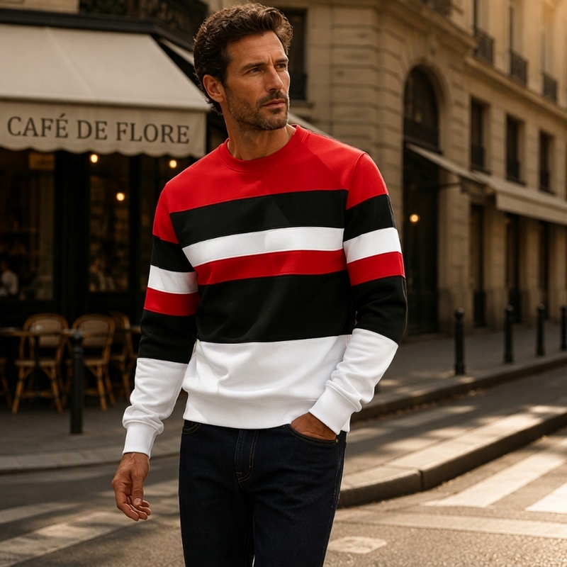 💖Soldes ! Prix cassés💖Sweat-shirt rayé à col rond pour hommes, style décontracté