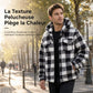 Manteau à capuche zippé en peluche à carreaux pour hommes avec deux poches poitrine à rabat