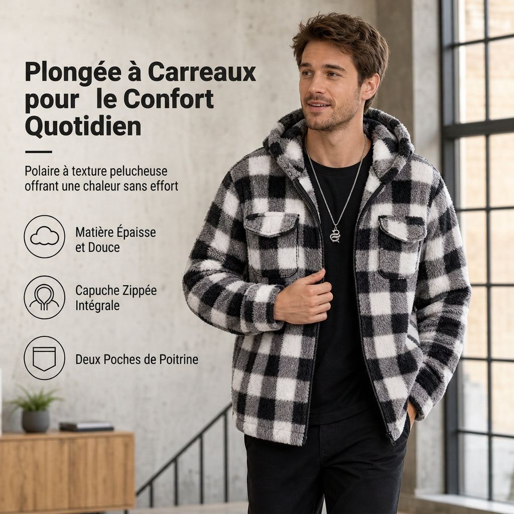 Manteau à capuche zippé en peluche à carreaux pour hommes avec deux poches poitrine à rabat